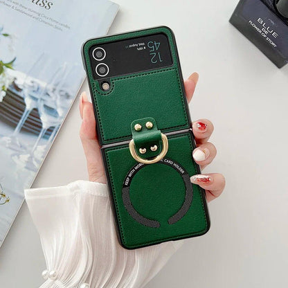 PU Leather Phone Cover for Samsung Galaxy Z Flip 7 FE 6 5 4 3 Case with Ring Holder for Magsafe Magnetic Wireless Charge Flip6