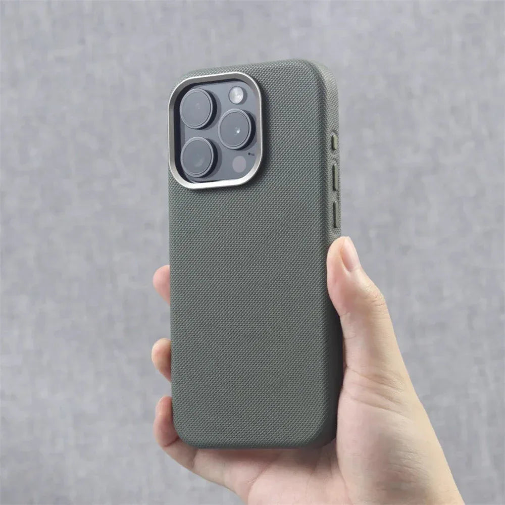 Luxury Alloy Lens Frame Particle PU Leather Magnetic Case For iPhone 17 16 Pro Max 15 14 13 For Magsafe Wireless Charging Cover
