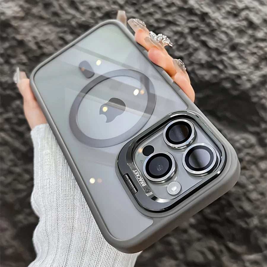 Phone Case - A Simple Magnetic Metal Frame Lens Protective Film/Stand Three-In-One Phone Case, Compatible with iPhone 18/17/16/15/14/13/12 Pro/Pro Max/Air/Plus，and For Samsung Galaxy S22/S23+/S24 FE/S25 Plus/S26 Ultra Sleek
