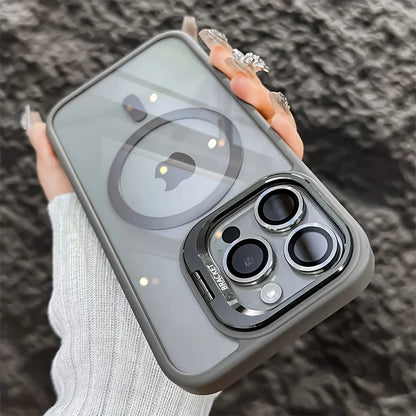 Phone Case - A Simple Magnetic Metal Frame Lens Protective Film/Stand Three-In-One Phone Case, Compatible with iPhone 18/17/16/15/14/13/12 Pro/Pro Max/Air/Plus，and For Samsung Galaxy S22/S23+/S24 FE/S25 Plus/S26 Ultra Sleek