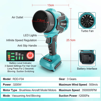 Electric Turbo Blowers 3 Gears Brushless Cordless Electric Air Blower Hand Dust Blowing Tools for Makita Battery Pin(No Battery)