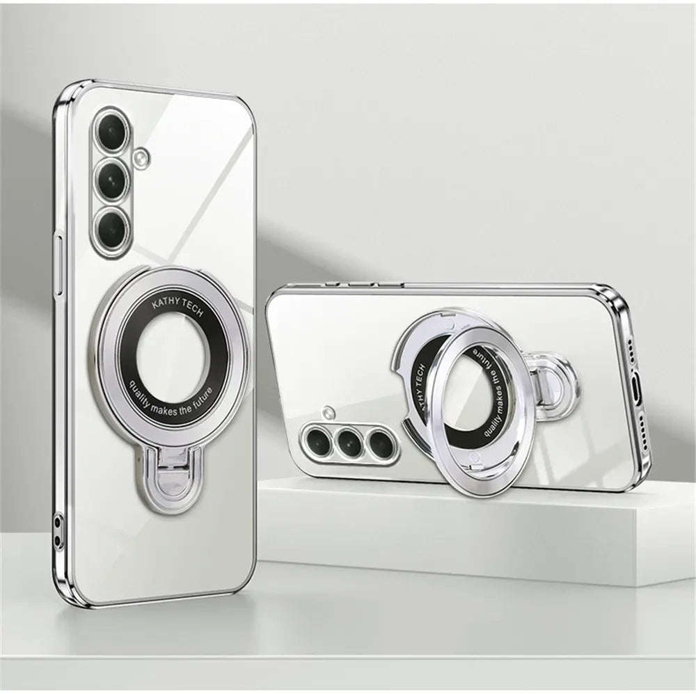 Luxury Transparent Plating Magnetic Bracket Case For Samsung A16 A06 A56 A26 A36 A55 A15 A35 A54 A24 A34 A14 A05S Stand Cover