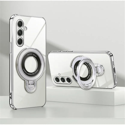 Luxury Transparent Plating Magnetic Bracket Case For Samsung A16 A06 A56 A26 A36 A55 A15 A35 A54 A24 A34 A14 A05S Stand Cover