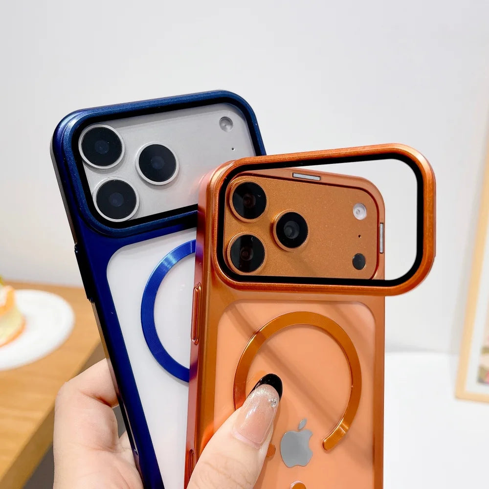 Luxury Lens Protect Stand Holder Bracke Clear Phone Case For iPhone 17 Pro Max 17 Pro Large Window Shockproof Armor Bumper Cover