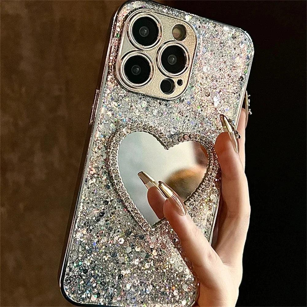 iPhone Glitter Heart Mirror Case with Lens Guard