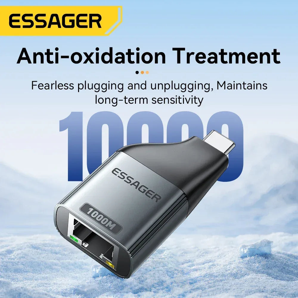 Essager Type-C to Ethernet Adapter 100/1000Mbps Gigabit High-Speed RJ45 To Type-c Adapter For MacBook Laptop Wired Network Card - Urbizia