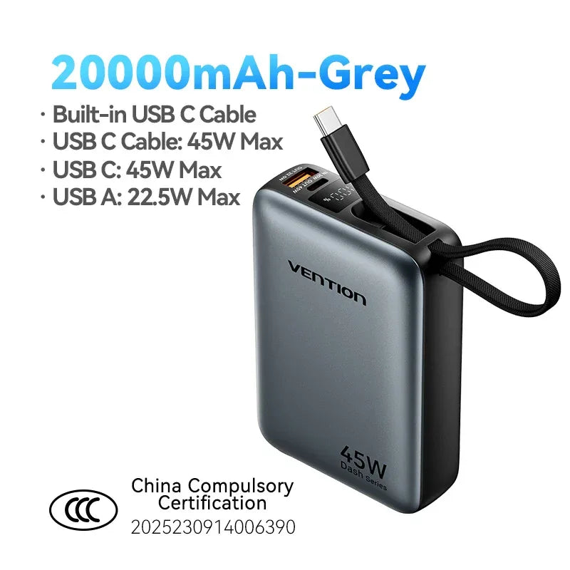 45W 20000mAh Fast Charging Power Bank with Built-in Cable