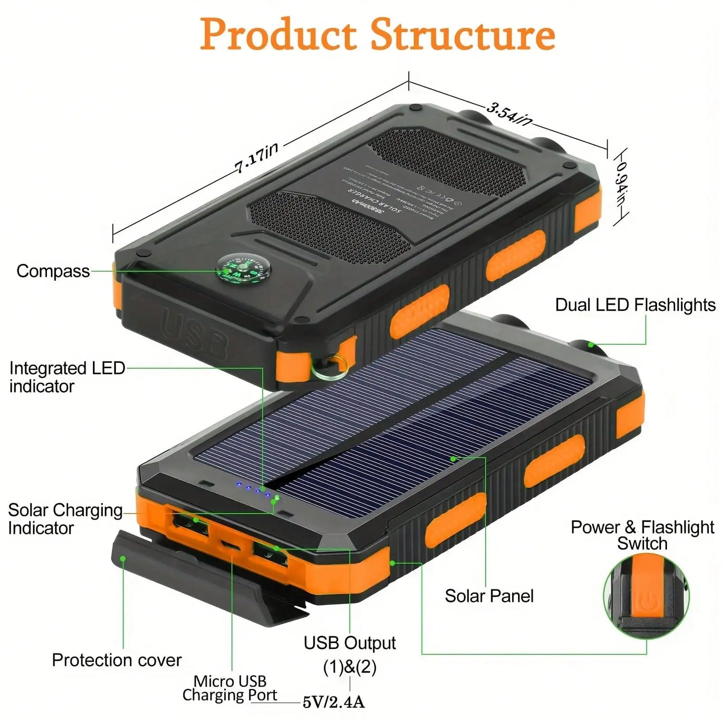 10000mAh Solar Charger Power Bank -Portable Solar Phone Battery Panel Charger, USB Port Battery Pack Charger Portable For All Cell Phones & Electronic Devices- Long Lasting, Travel Camping, LED Flashlight, The Best Gift For F