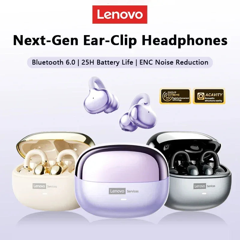 Lenovo LE302 Wireless Bluetooth 6.0 Headset Long Battery Life Sports Ear Clip Earphones HIFI Stereo Noise Cancelling Headphones - Urbizia