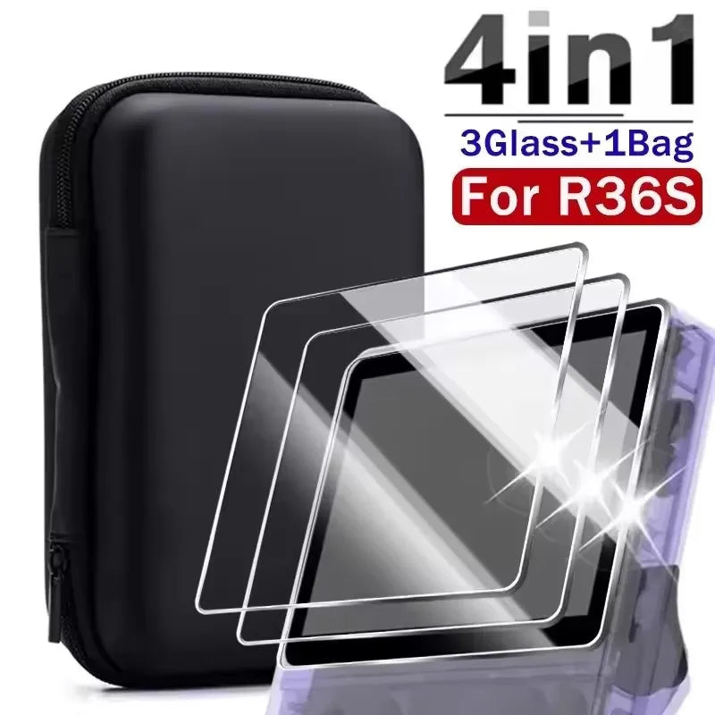 3 IN 1 Carrying Storage Case with Tempered Glass Screen Protectors for R36S Game Console Protectors Kit Anti-Scratch Bag & Films