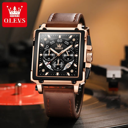 OLEVS 9919 Men Watch Original Brand Square Quartz Watch Waterproof Luminous Leather Strap Sport Clock Male Watch For Men