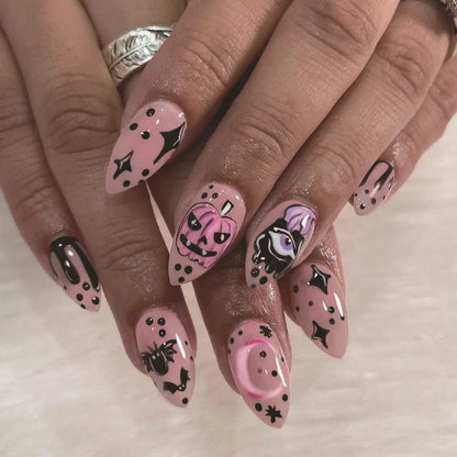24Pcs Halloween Spider Print False Nails – Gothic Short Round Press-on Nail Tips for Women