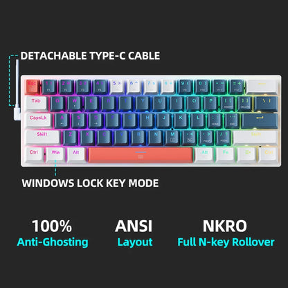 K500-B61 Machenike Mini Mechanical Keybaord 60% Form Factor 61Keys Gaming Keybaord Wired Full Key Hot-Swappable RGB Backlit