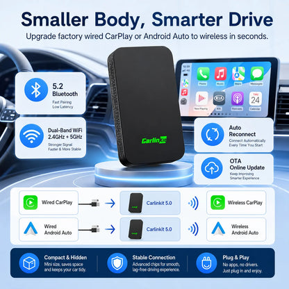 Carlinkit 5.0 Wireless CarPlay Android Auto Adapter 2 in 1 Wired to Wireless Converter for Factory CarPlay Android Auto Cars Dual Band 2.4G 5G WiFi Bluetooth 5.2 Auto Reconnect OTA Update Plug and Play Car Dongle