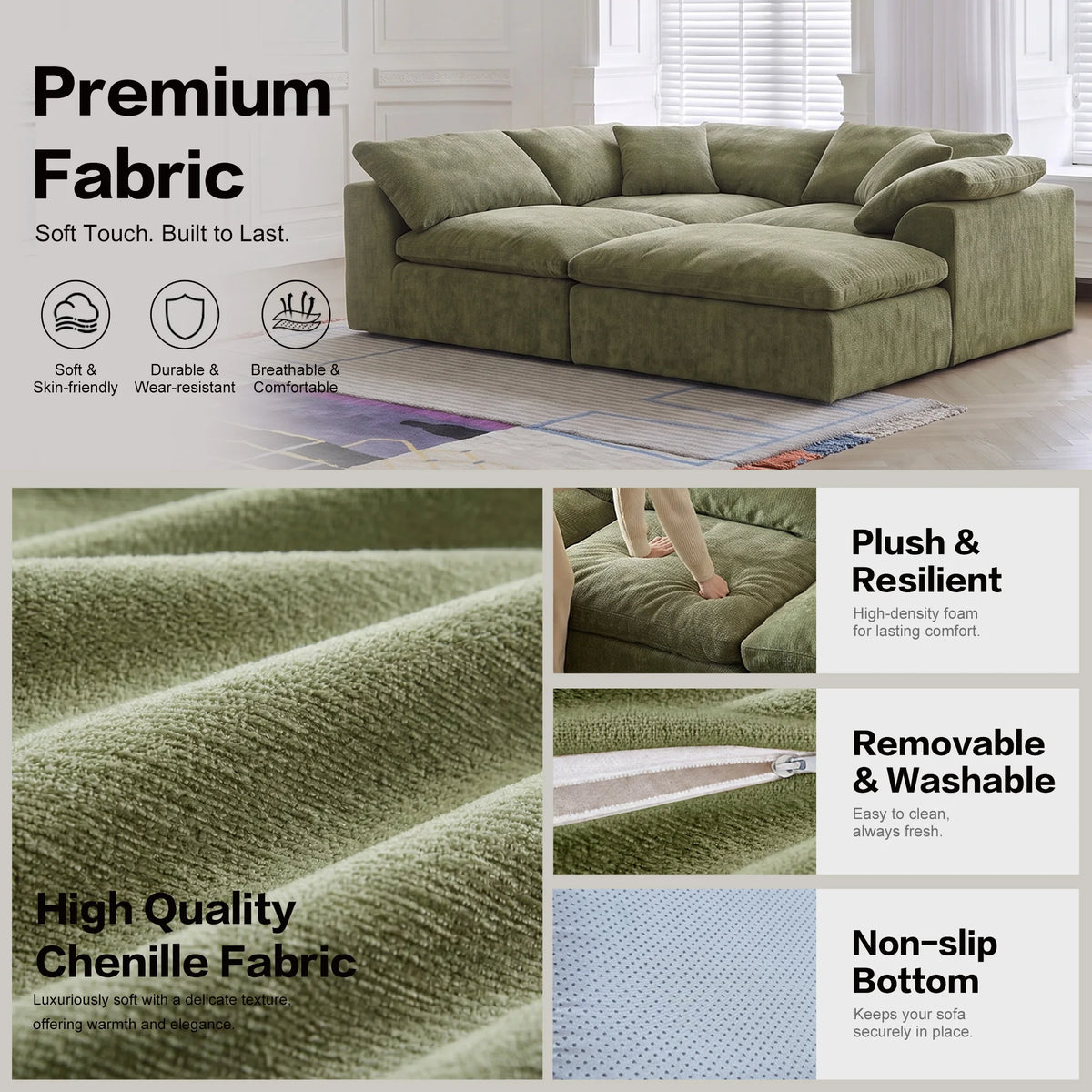 109" Modern Cloud L-Shaped 3-Seater Oversized Deep Seat Chenille Fabric Sofa White Modular Sectional with Ottoman