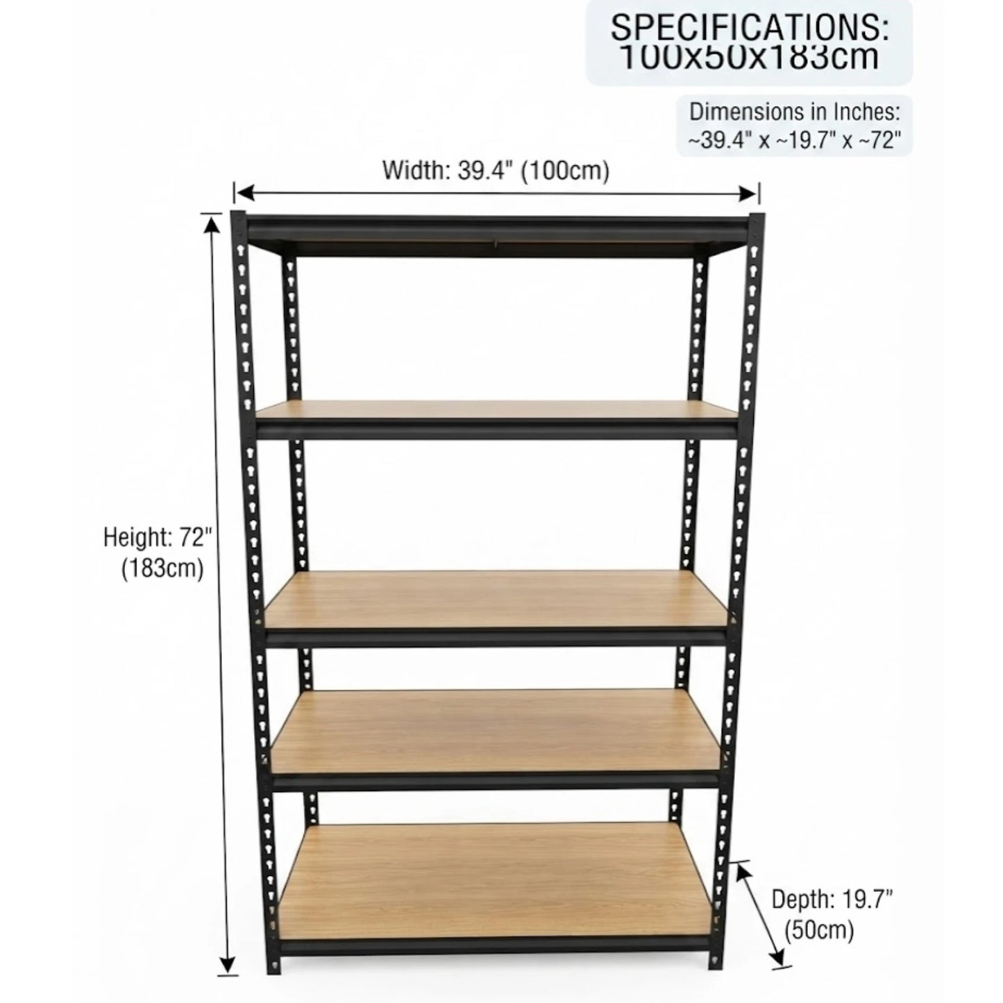 5-Tier Garage Shelving Heavy Duty Adjustable Metal Storage Rack with MDF Shelves, Utility Rack Shelf for Warehouse Pantry Closet Basement, 39.4" W x 19.7" D x 72" H, Black