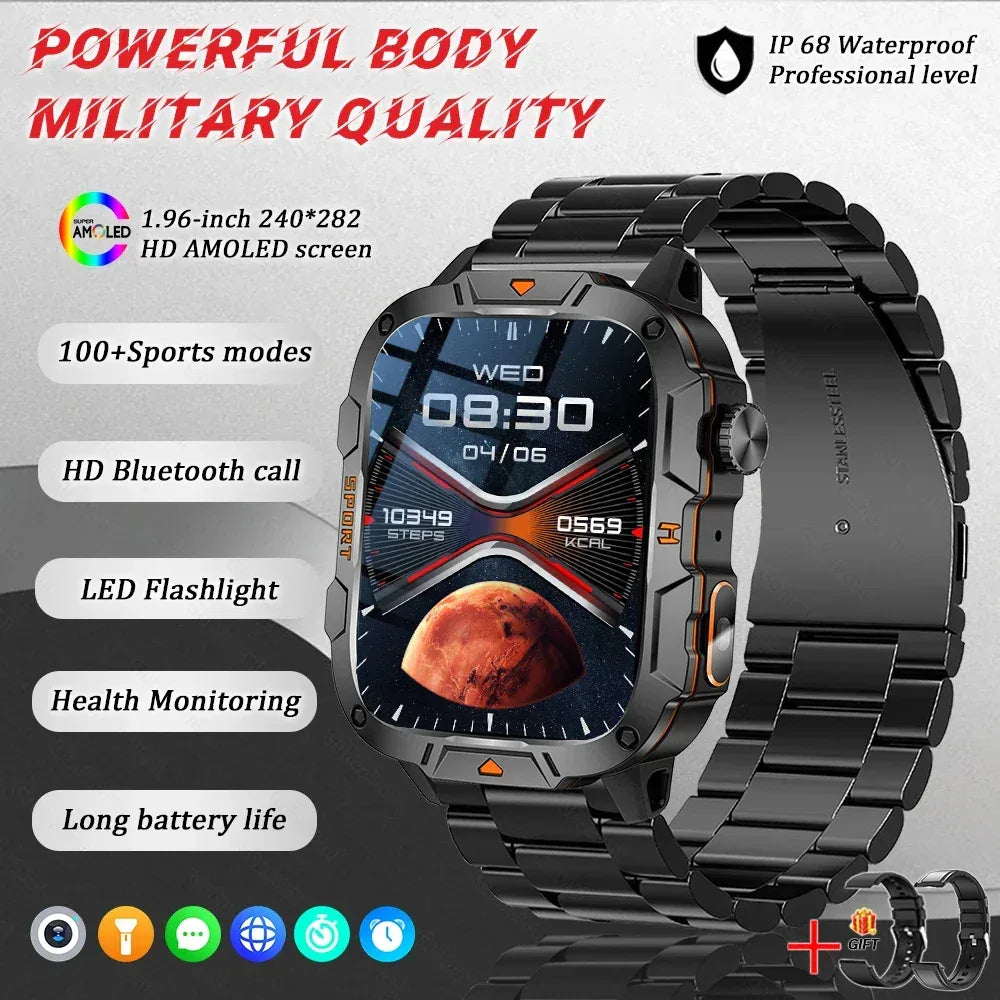 2025 New Military Grade Smart Watch Men 1.96" AMOLED Screen 5ATM Waterproof Simming Sports Fitness Tracker BT Call Smartwatches - Urbizia