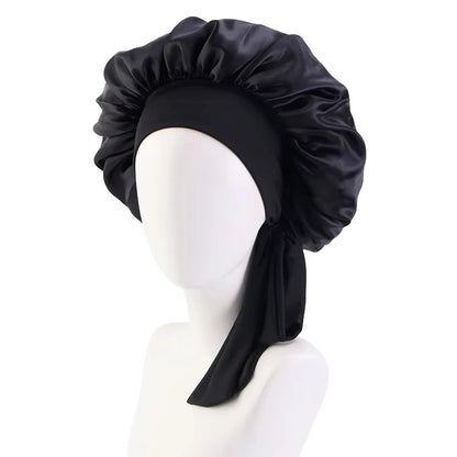 New Women Satin Solid Sleeping Hat Silky Bonnets With Tie Bands Elastic Shower Cap Adjustable Cap For Curly Hair Bonnets