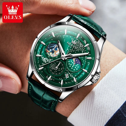 OLEVS Fashion Starry Sky Green Dial Quartz Watch for Men Multifunction Moon Phase Luminous Chronograph Watches Relogio Masculino