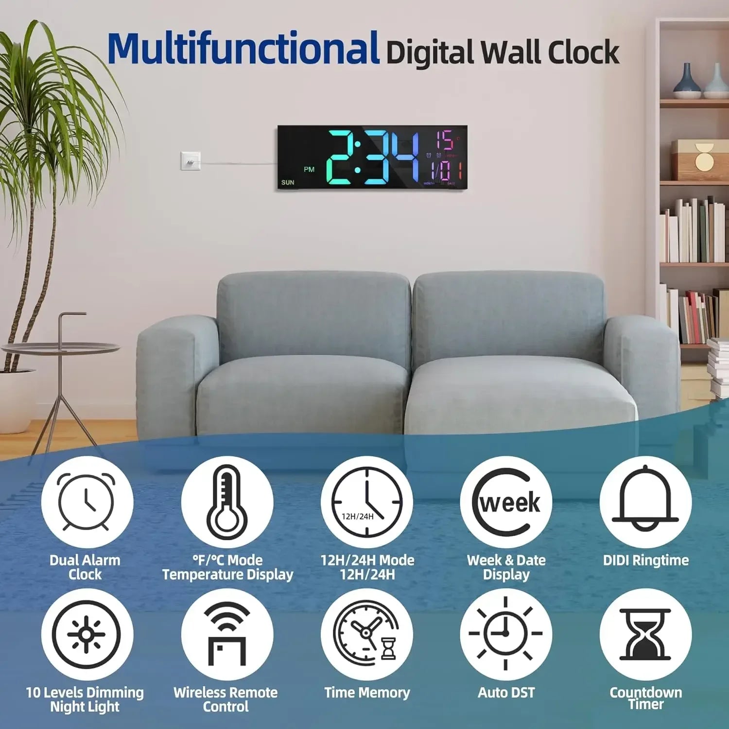 16.2'' Large Digital Wall Clock with Remote Control Big LED/Dual Alarm/8 RGB Colors Digital Alarm Clock Electronic Watch - Urbizia