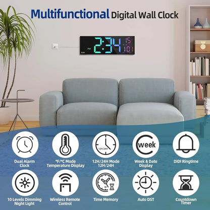 16.2'' Large Digital Wall Clock with Remote Control Big LED/Dual Alarm/8 RGB Colors Digital Alarm Clock Electronic Watch - Urbizia