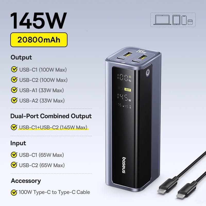 Baseus 145W Power Bank 20800mAh Dual USB A USB C PD 100W Fast Charging Digital Display Portable PowerBank for Laptop Phone Steam