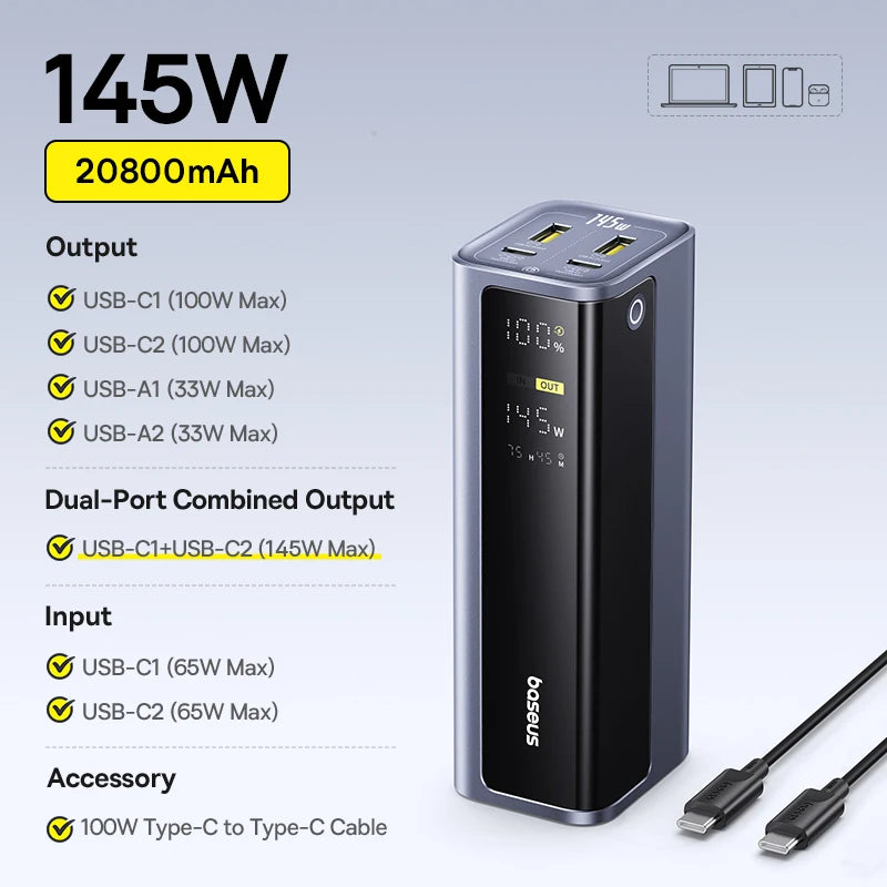 Baseus EnerGeek 145W Power Bank 20800mAh Dual USB A USB C PD 100W Fast Charging Digital Display Portable PowerBank for Laptop