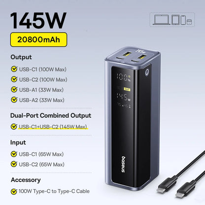 Baseus EnerGeek 145W Power Bank 20800mAh Dual USB A USB C PD 100W Fast Charging Digital Display Portable PowerBank for Laptop