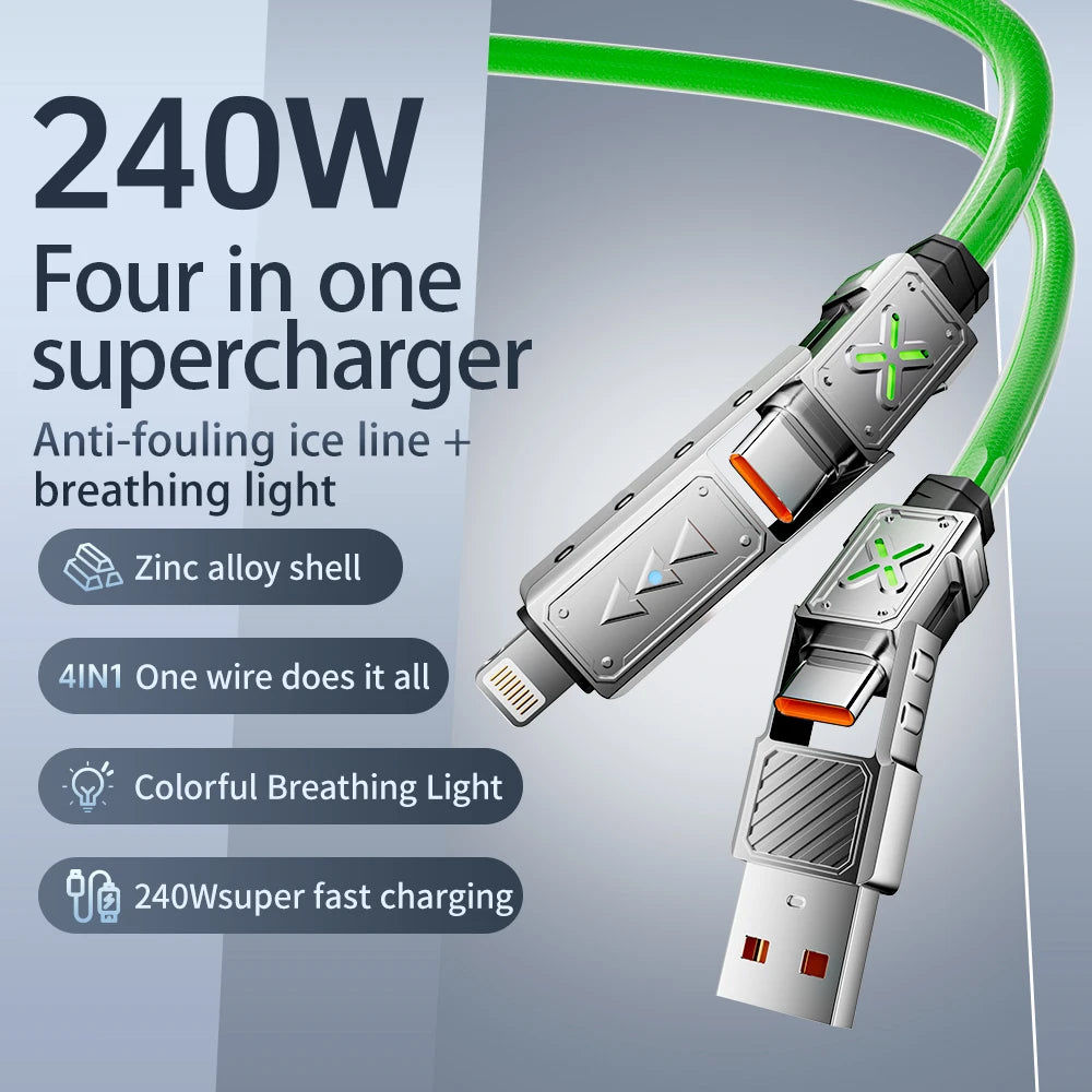 240W 4-in-1 Super Fast Charging Data Cable USB-C To Type-C Zinc Alloy Cable for Iphone Samsung Xiaomi Multi Port Charging Cable