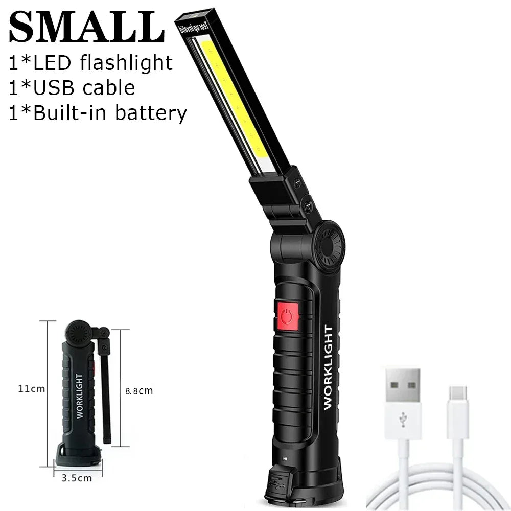COB LED Folding Flashlight Portable Magnetic Work Light Lantern USB Rechargeable Emergency Repair Camping Torch Lamp With Hook - Urbizia