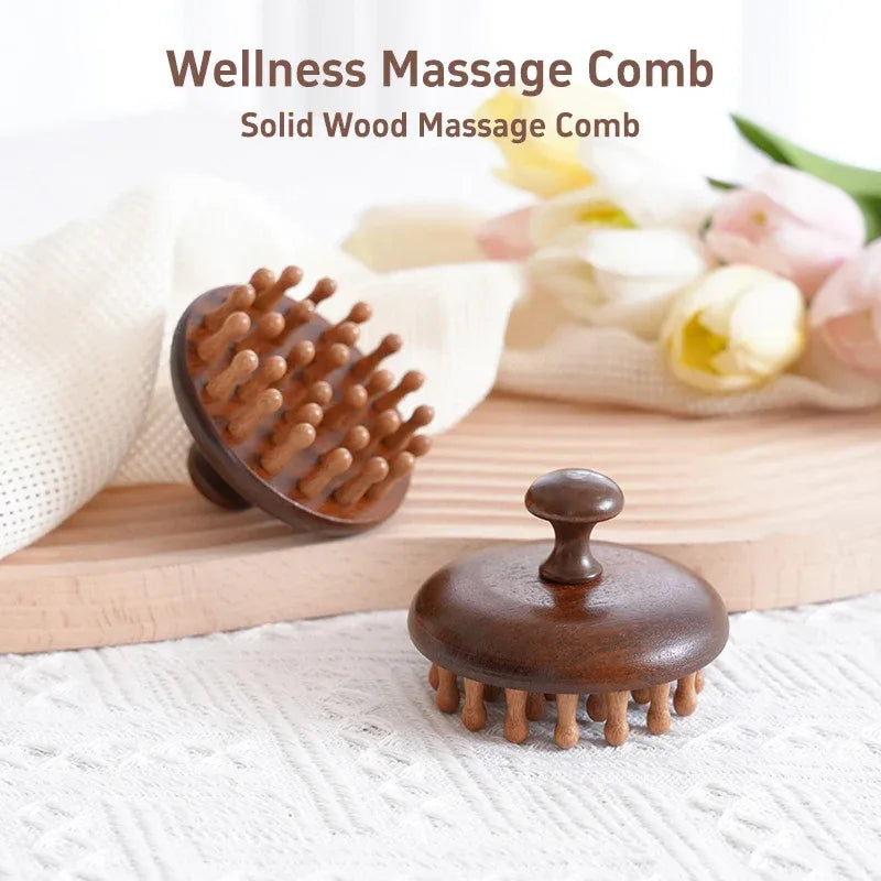 Natural solid wood meridian massage comb round tooth GuaSha tool relieves headaches and relaxes scalp acupoint massage brush