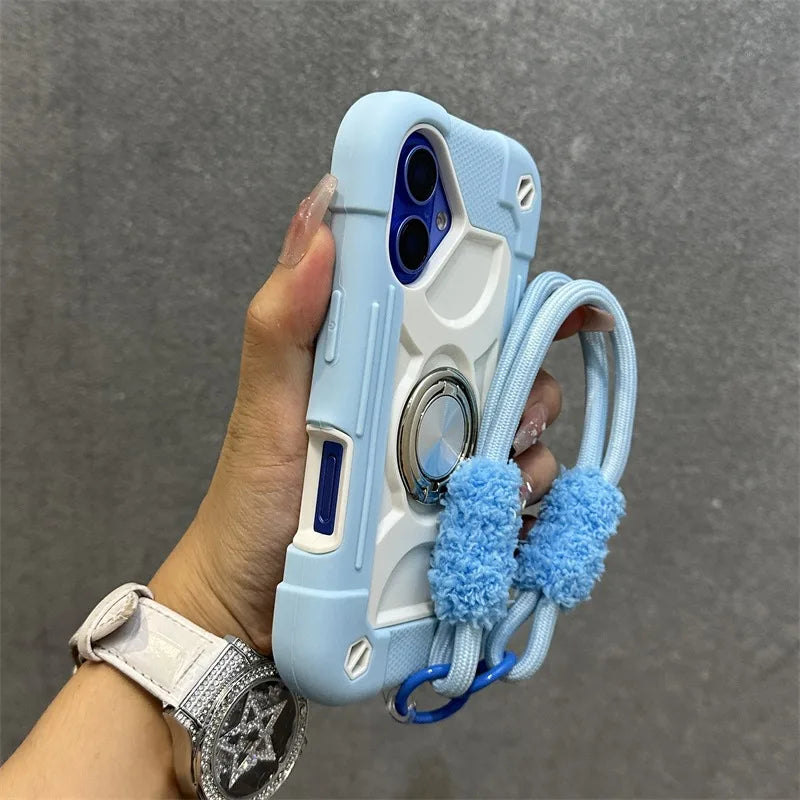 Luxury 3-in-1 Ring Stand Heavy Duty Protective Case For iPhone 17 16 15 14 13 Pro Max Shockproof and Drop-Resistant with Lanyard