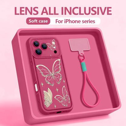 Retro Butterfly Pattern Lanyard Phone Case For iPhone 18 17 Pro Max 16 14 15 17 Pro 13 Pro Max 17e 16e 11 Soft Wrist Strap Cover