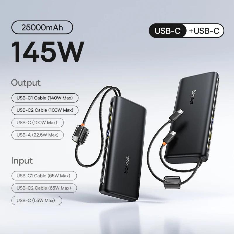 Baseus 145W Power Bank 25000mAh Fast Charging Built-In Type-C Cable Portable Battery Charger for iPhone Samsung MacBook Tablet