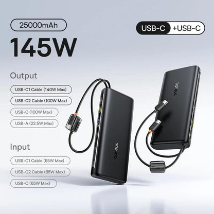 Baseus 145W Power Bank 25000mAh Fast Charging Built-In Type-C Cable Portable Battery Charger for iPhone Samsung MacBook Tablet