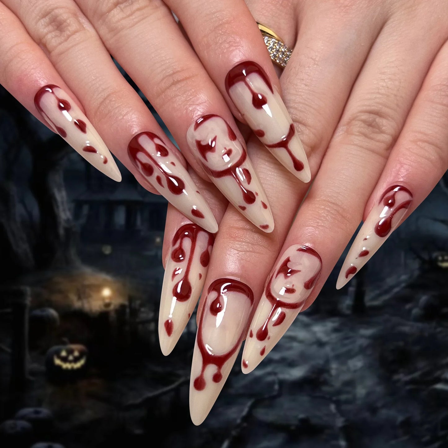 Halloween Purple Glitter Bloody Ripple Long Pointed False Nails – Extra Long Press On Nails