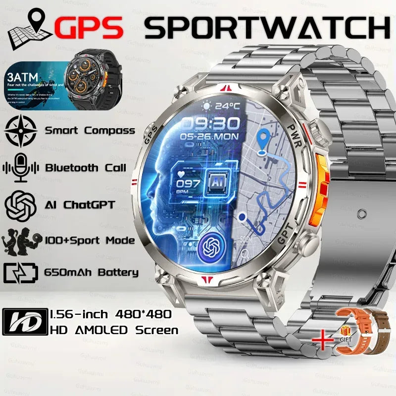 Military Grade Smart Watch Men GPS Compass Altimeter Clock 1.56" AMOLED 5ATM Waterproof Sport Fitness Tracker BT Call Smartwatch - Urbizia