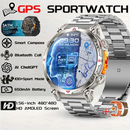 Military Grade Smart Watch Men GPS Compass Altimeter Clock 1.56" AMOLED 5ATM Waterproof Sport Fitness Tracker BT Call Smartwatch - Urbizia