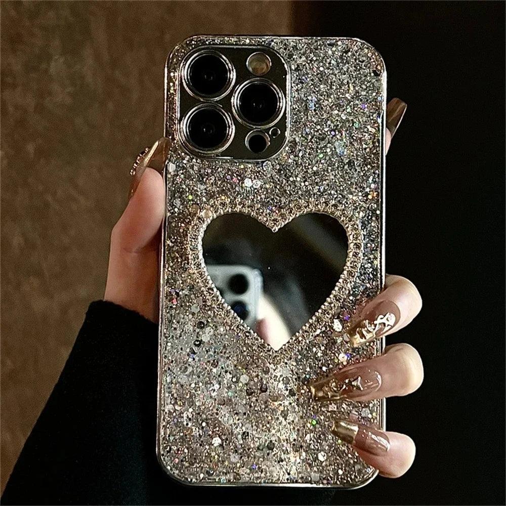 iPhone Glitter Heart Mirror Case with Lens Guard
