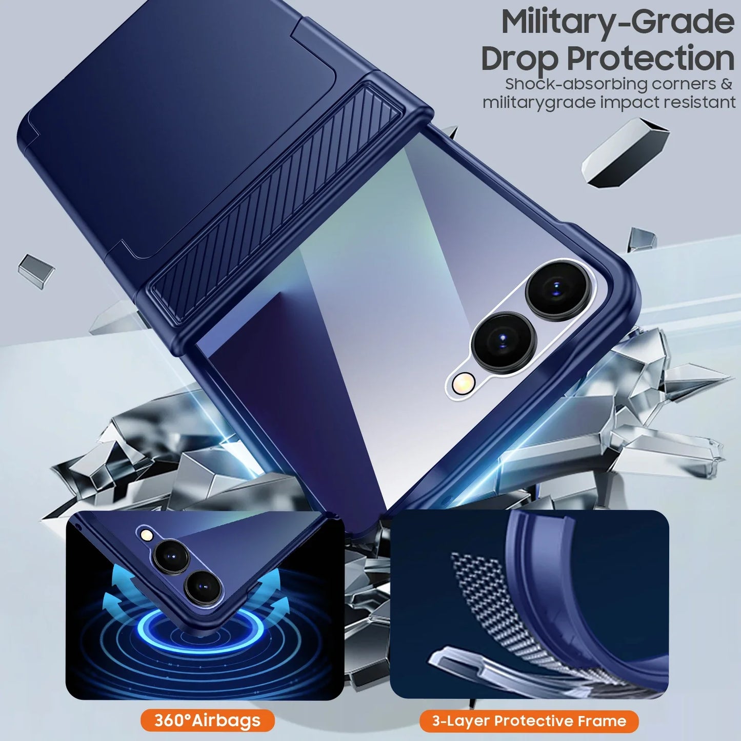 For Galaxy Z Flip 7 With Card Holder,RFID,HD Protector,Rugged Anti-Scratch Full Shockproof Phone Case For Halloween Gifts-Blue