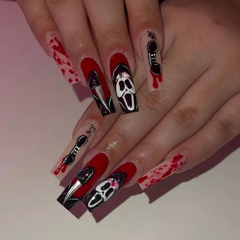 24Pcs Glitter Pink Sequins Fake Nails – Halloween Skull & Love Print Ballet Press-on Nails