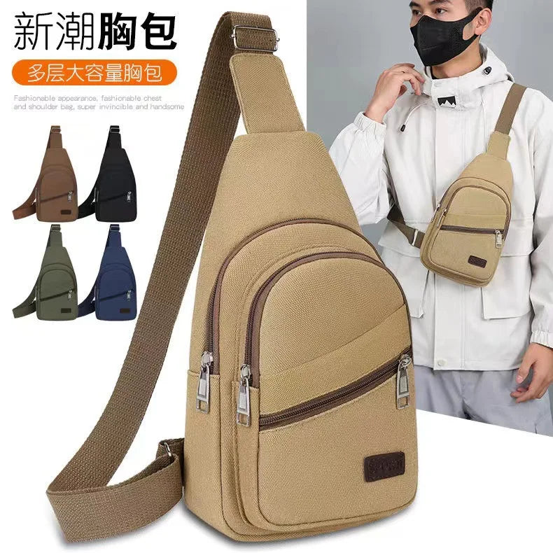 Men'S Chest Bag Retro Canvas Waterproof Shoulder Bag Large Capacity Multi Pocket Crossbody Bag Outdoor Sports Travel Chest Pack