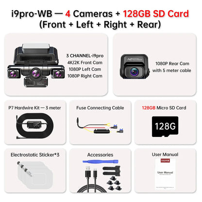 XUOIB I9pro-WB 4CH 360° Dash Cam 4K with 4'' Touch Screen Dash Car Camera 24H Parking Mode WiFi GPS Car DVR 8 IR Night Vision