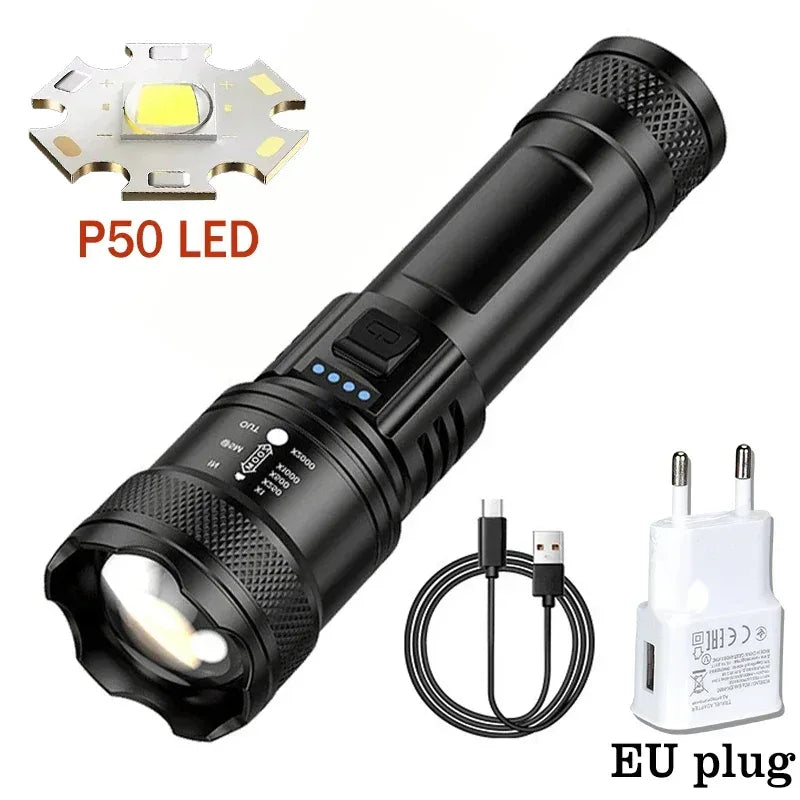 High Strong Power Led Flashlights 2000LM Tactical Torch with Display Light USB Charging Camping Fishing Emergency Zoom Lantern - Urbizia