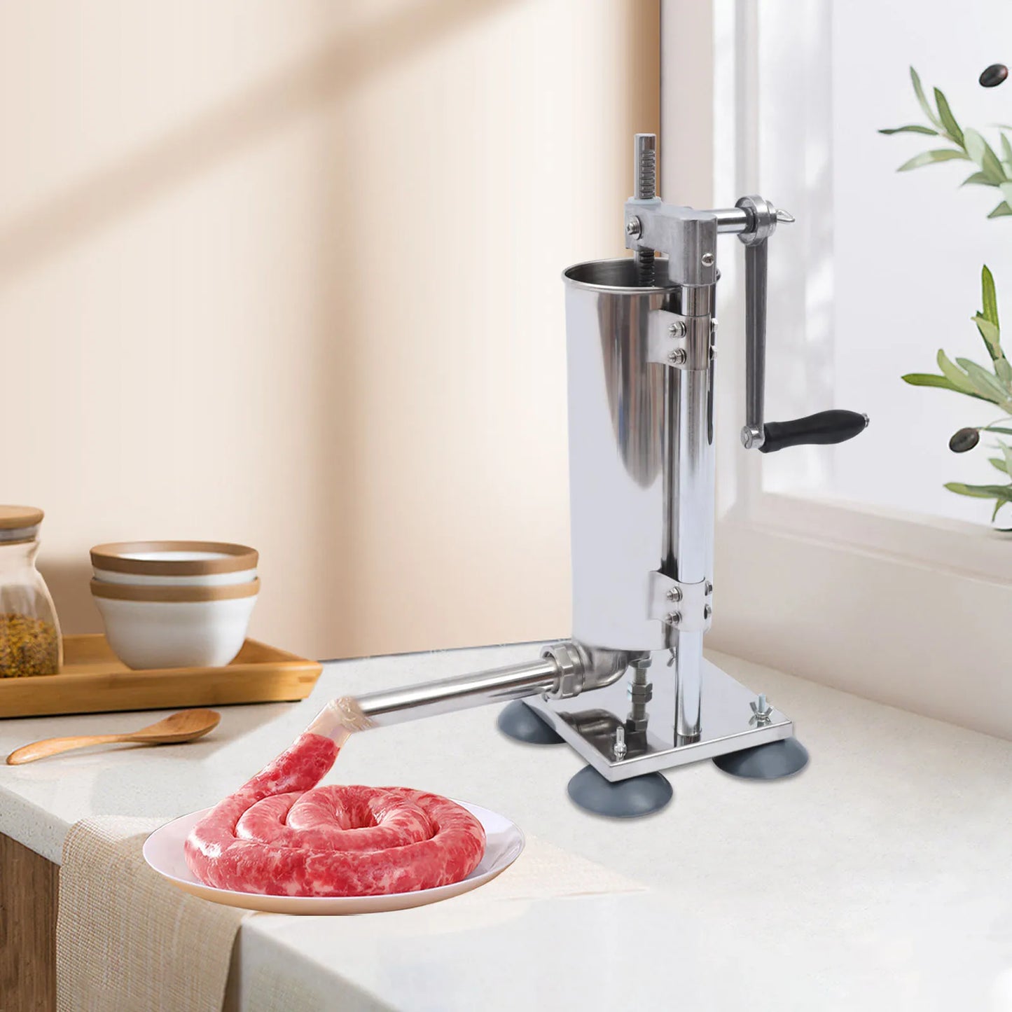 3L Vertical Manual Sausage Stuffer Machine Stainless Steel Sausage Maker with 4 Steel Tubes&7 PE Tubes Sausage Meat Filling Tool