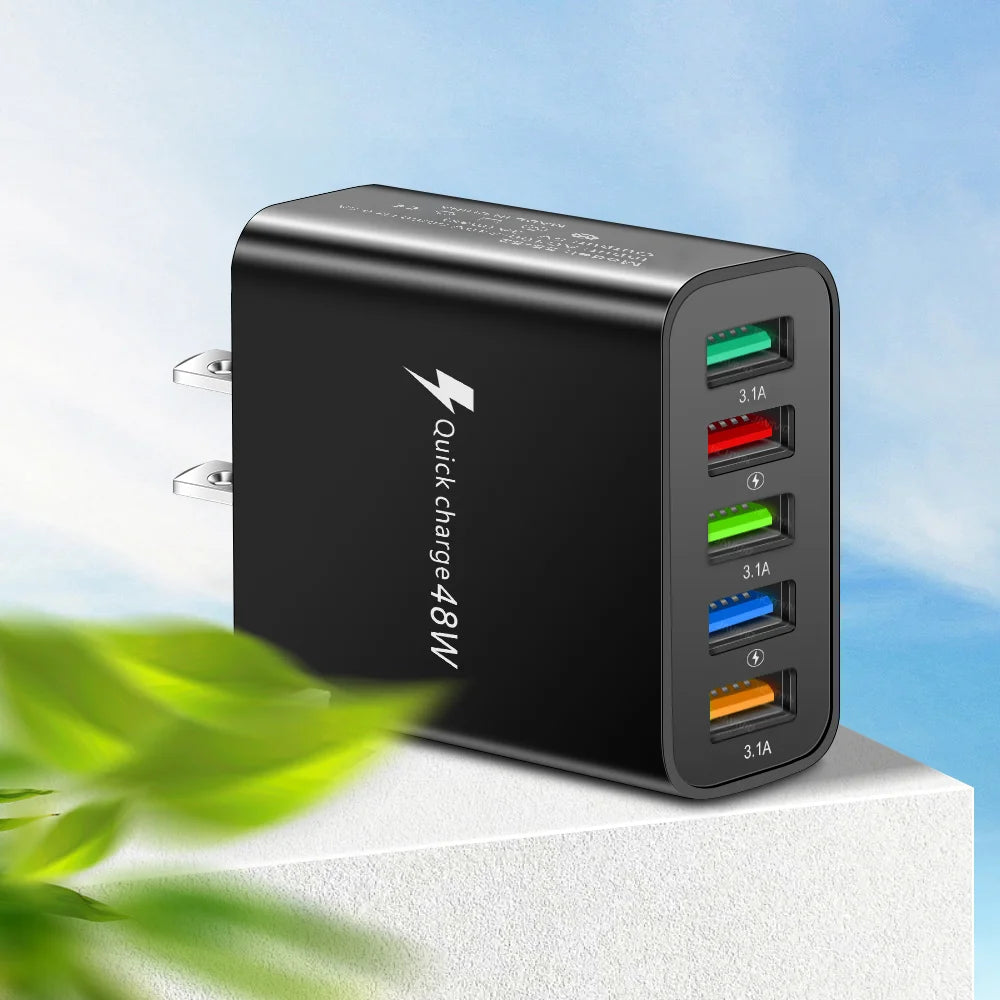 48W USB Charger Fast Charging QC3.0 Wall Charger Adapter For iPhone 14 13 Samsung Xiaomi Mobile Phone Charger 5 Ports EU US Plug