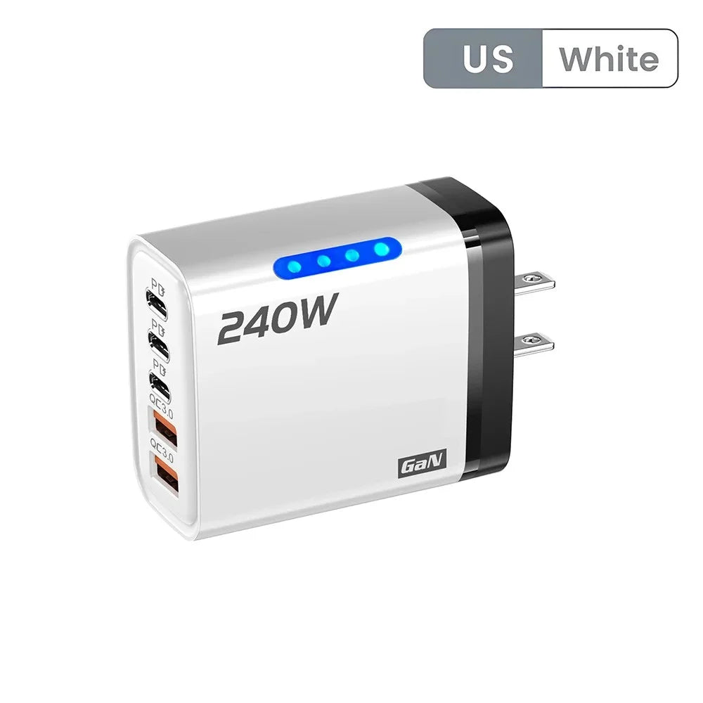 240W 5 Ports GaN Fast USB Charger Multi Port Wall Power Adapter Quick Charge Phone Charger EU US Plug For iPhone Samsung Xiaomi