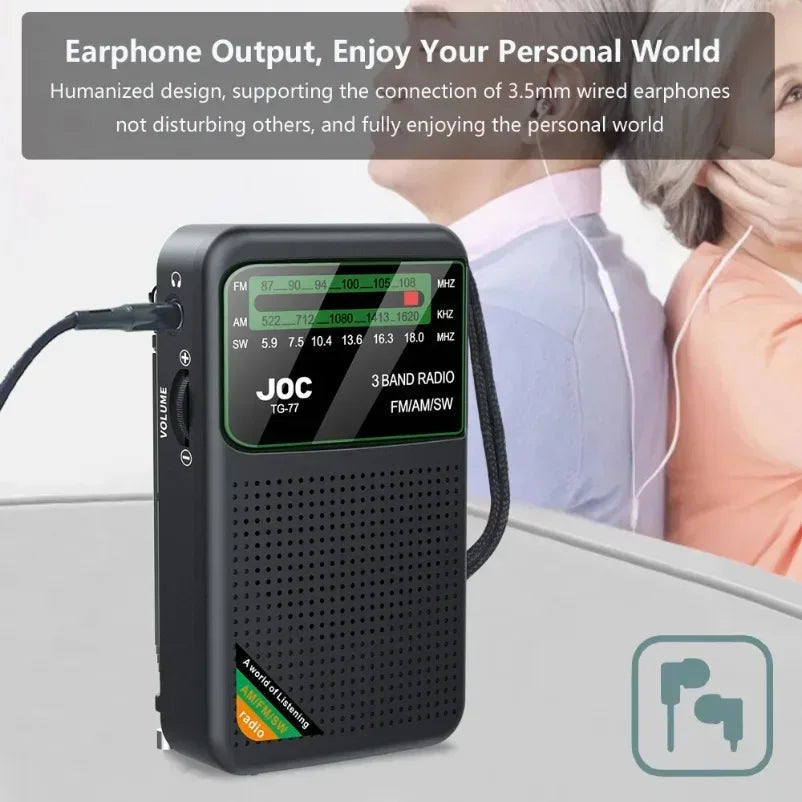 Battery Operated Radio FM AM SW Radio Built-in Speaker Pointer Pocket Radio Type-C Rechargeable with HD Display Screen for Elder - Urbizia