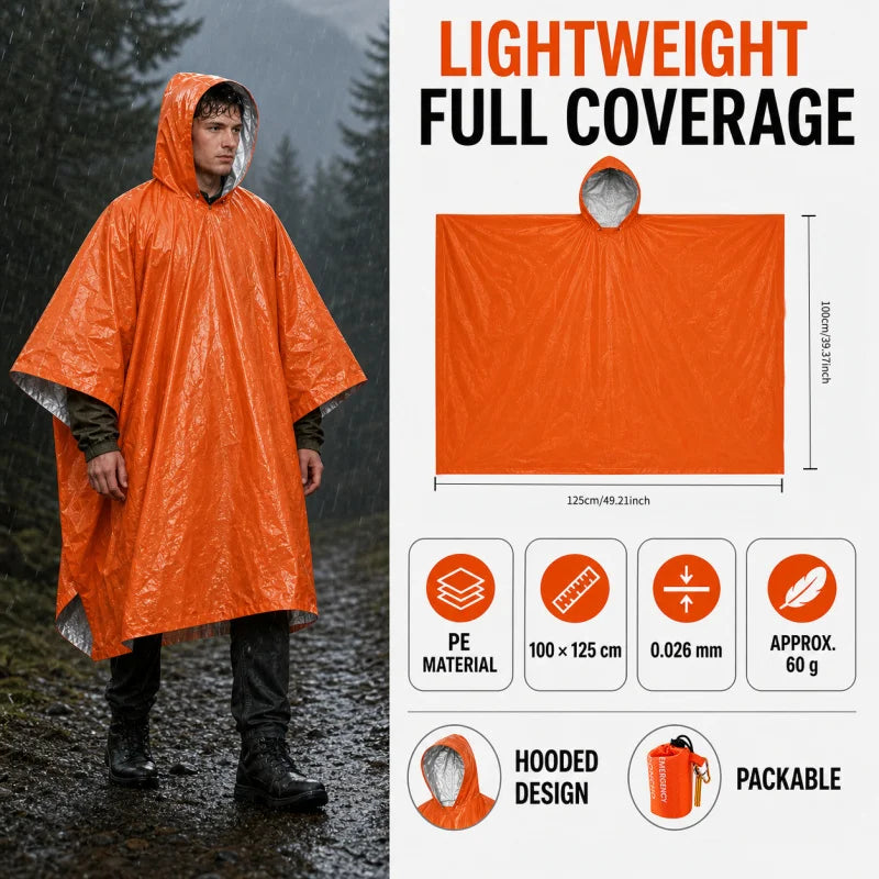 Emergency Rain Poncho Kit Waterproof Hooded Raincoat Portable Rain Cover With Pouch Whistle Carabiner For Camping Hiking