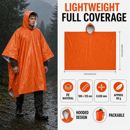 Emergency Rain Poncho Kit Waterproof Hooded Raincoat Portable Rain Cover With Pouch Whistle Carabiner For Camping Hiking